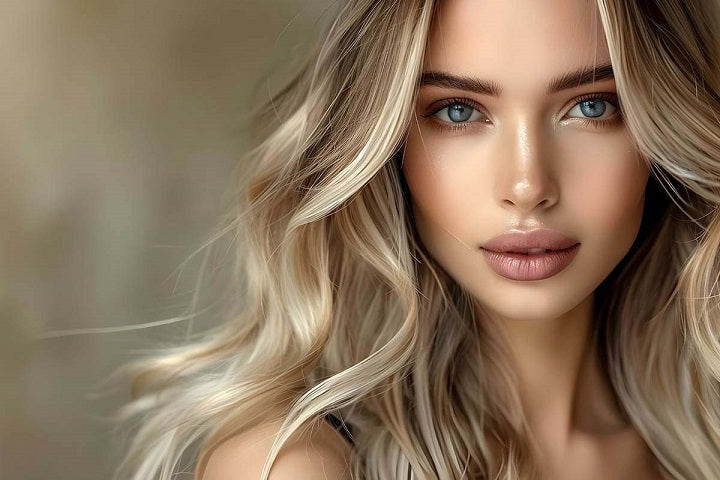 blond pasemka u pięknej, młodej dziewczyny z dużymi ustami i długimi włosami oraz niebieskimi oczami