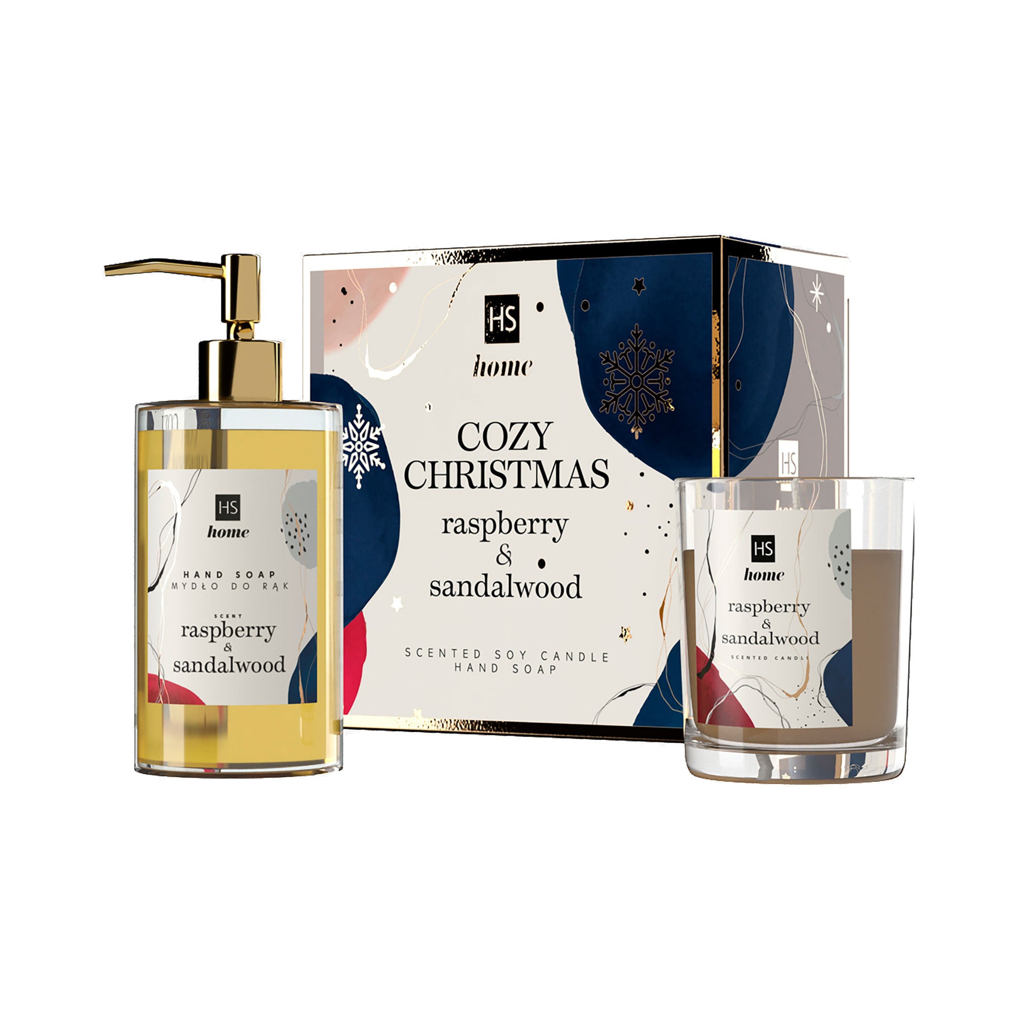 HISKIN HOME COSY CHRISTMAS Sada mýdla na ruce 250ml + přírodní vonná svíčka Malina&Santalové dřevo