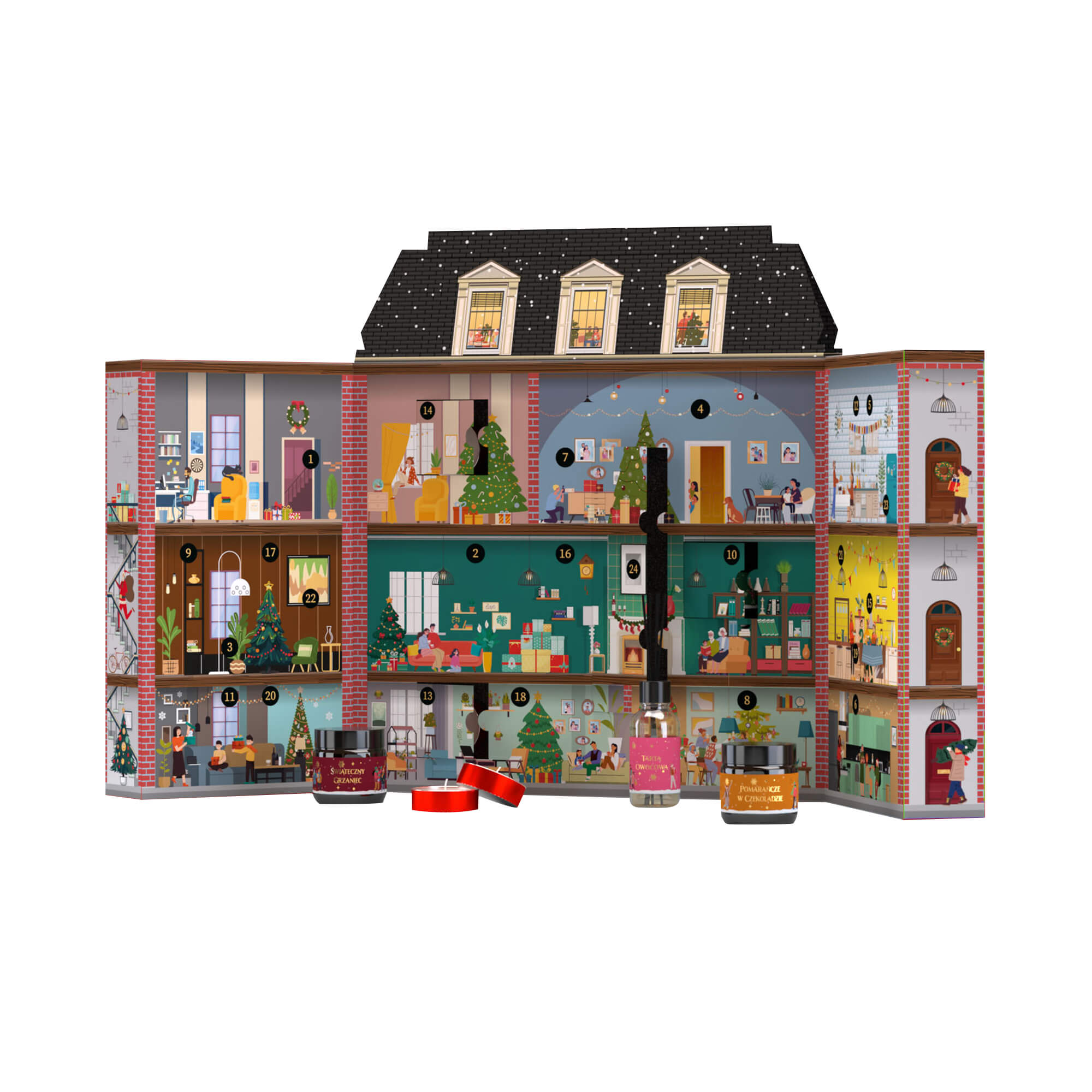 HISKIN MERRY CHRISTMAS HOME Adventní kalendář s vánočními svíčkami s motivem činžáku, 24 oken #2