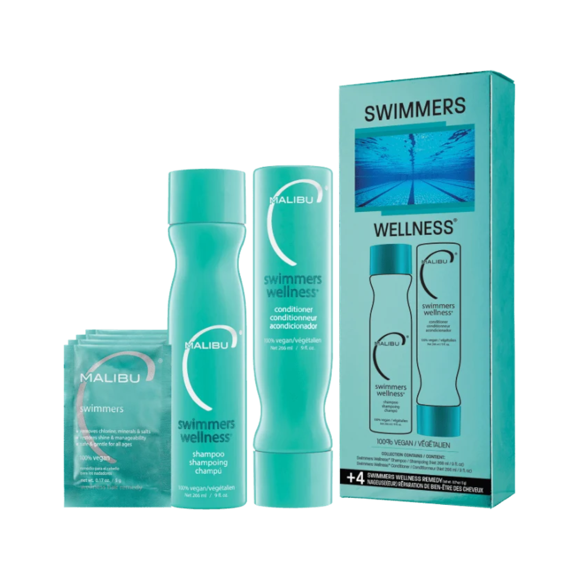 MALIBU C SWIMMERS WELLNESS COLLECTION Sada na odstranění chlóru a usazenin z vlasů po plavání 2 x 266 ml + 5 g