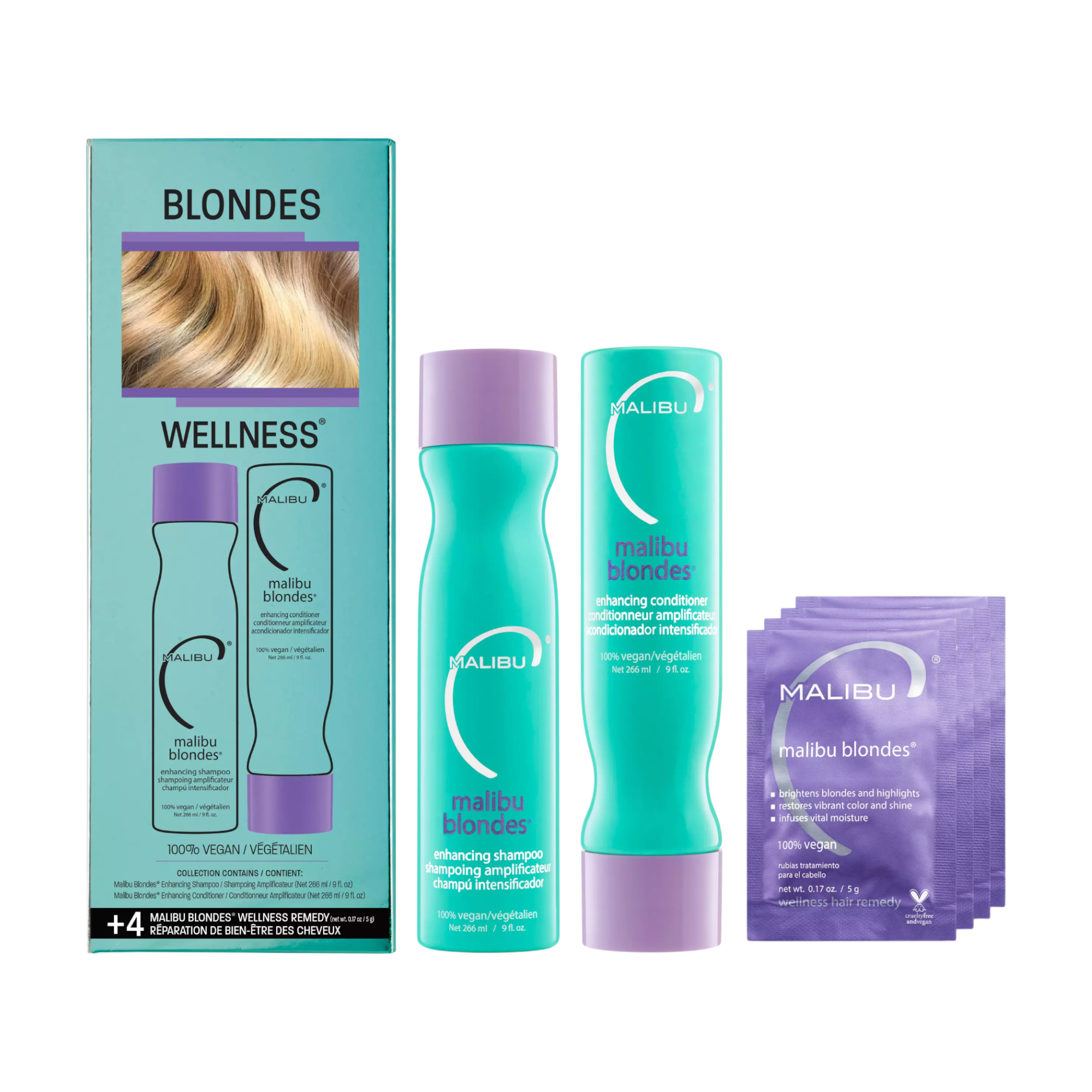 MALIBU C BLONDES WELLNESS COLLECTION Profesionální sada pro blond vlasy s chelatační kúrou 2 x 266 ml + 4 x 5 g