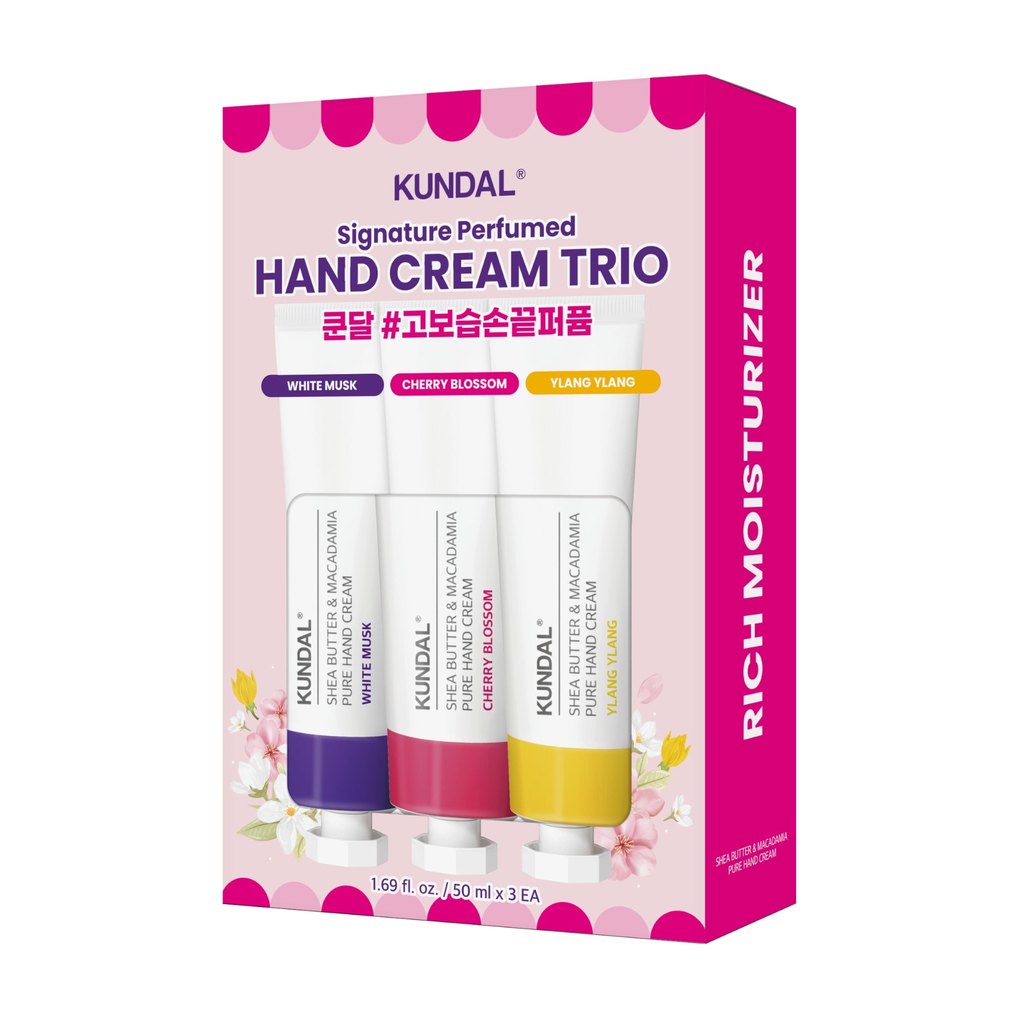 KUNDAL SHEA BUTTER & MACADAMIA Zestaw nawilżających kremów do rąk White Musk Cherry Bloosom Ylang-Ylang 3 x 50 ml
