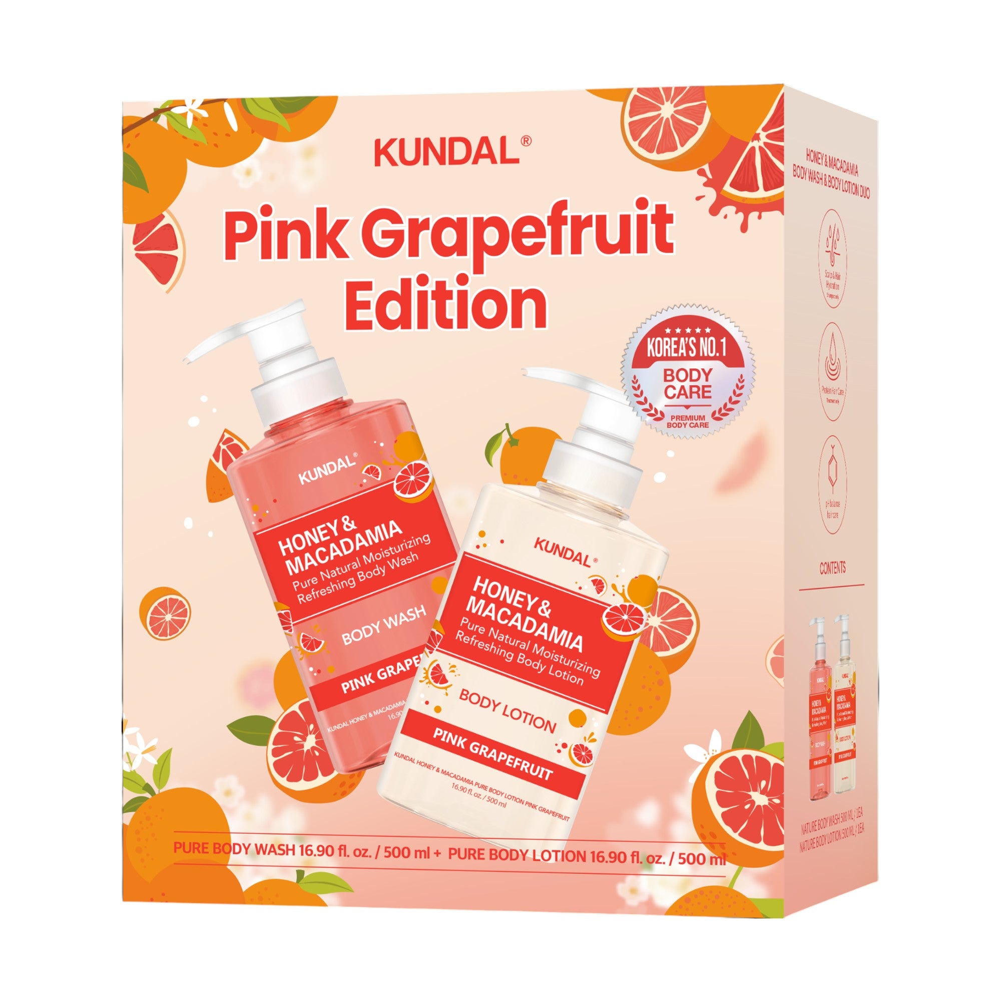 KUNDAL HONEY & MAKADAMIA RŮŽOVÝ GRAPEFRUIT EDITION Sada na mytí a péči o tělo 2 x 500 ml