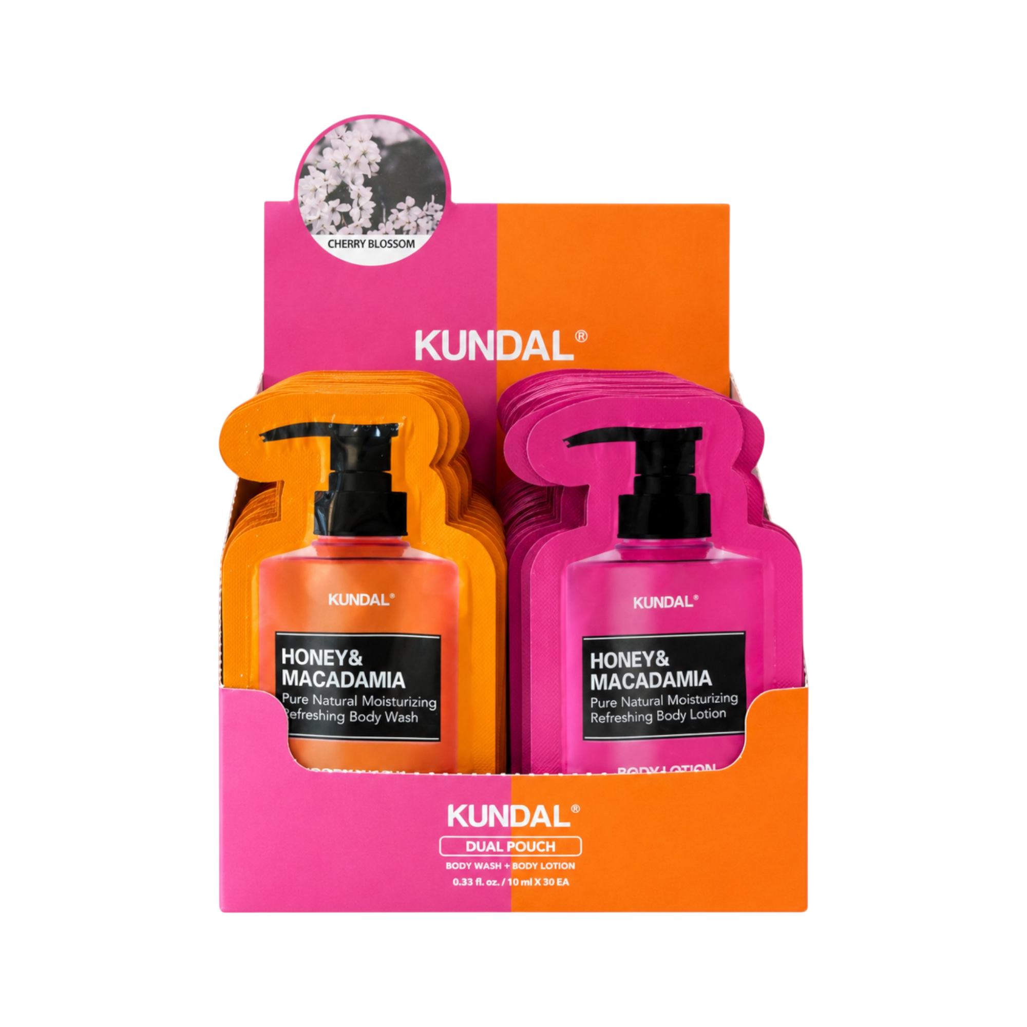 KUNDAL HONEY & MACADAMIA Cherry Blossom sada sáčků na mytí a péči o tělo 2 x 10 ml