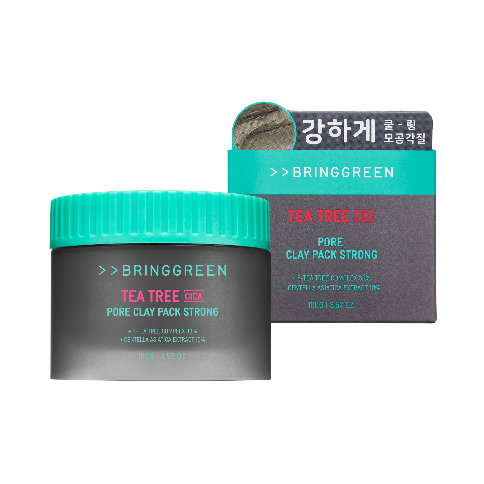 BRINGGREEN Tea Tree Cica Pore Clay Pack Strong – Intensywnie oczyszczająca glinkowa maska do twarzy z drzewem herbacianym i cica 100 g