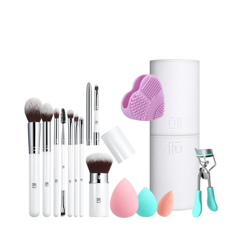 ilū Set di Pennelli professionali Make up Viso Spugne, Custodia, Pulitore Pennelli, Piegaciglia, 13 pz